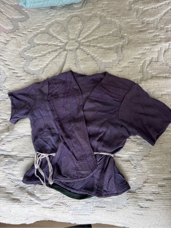 Handmade Tops - Handmade Purple quilted with scrap fabric Wrap Top with vintage lace Side Tie